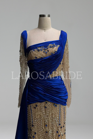 Royal-Blue Draped Crystal Gown-Larosabride