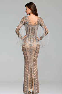 Crystal Fringe Mesh Column Gown - LAROSABRIDE