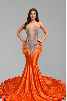 Feathered Beaded Illusion Mermaid Gown - LAROSABRIDE
