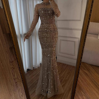 Embellished High-Neck Sheer Sleeve Gown