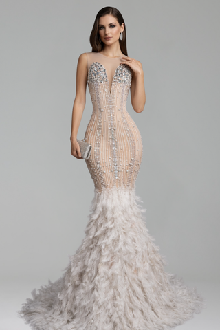 Feather Hem Embellished Mermaid Gown - LAROSABRIDE