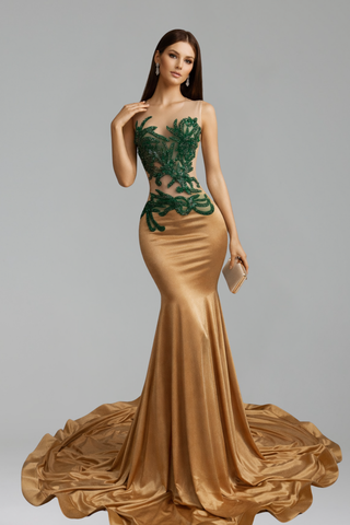 Illusion Appliqué Mermaid Evening Gown
