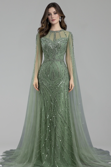Beaded Mermaid Dress with Cape Sleeves - LAROSABRIDE