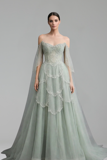 Off Shoulder Beaded Cape Dress - LAROSABRIDE