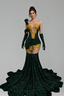 Beaded Illusion Mermaid Gloves Gown - LAROSABRIDE