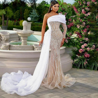 Draped Beaded One-Shoulder Gown