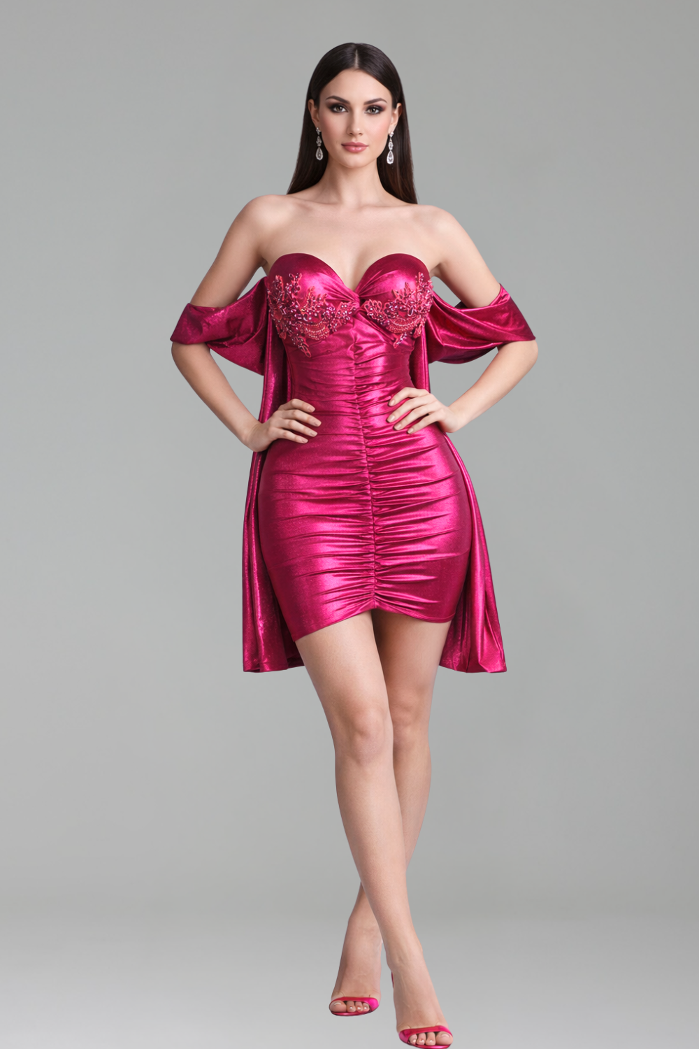 Ruched Off-Shoulder Satin Mini Dress - LAROSABRIDE