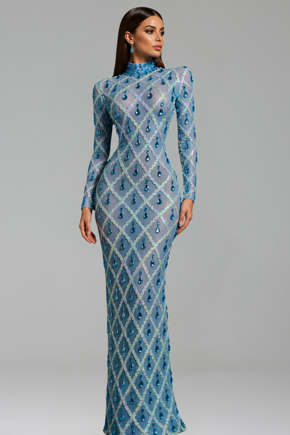 Embellished Illusion Bodycon Maxi Dress - LAROSABRIDE