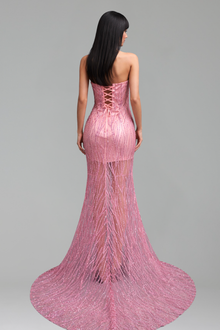 Beaded Fringe High Slit Gown - LAROSABRIDE