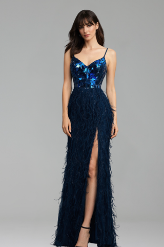 Peacock Blue Feathered Sequin Prom Dress - LAROSABRIDE