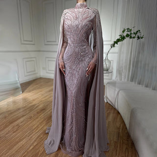 Ships in 2 to 5 Days - Muslim Sage Green Mermaid Cape Sleeves Beaded Satin Luxury Evening Dresses Gowns for Women | Party 2025