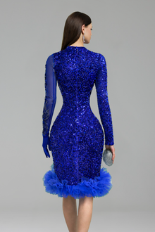 Royal Blue Embellished Sheer Sleeve Mini Dress - LAROSABRIDE