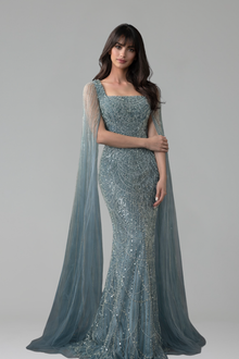 Pearl Beaded Cape-Sleeve Mermaid Dress-Larosabride
