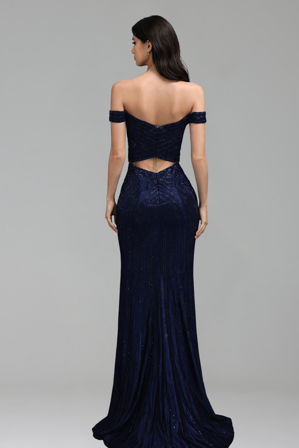 Off-Shoulder Beaded Slit Evening Gown - LAROSABRIDE