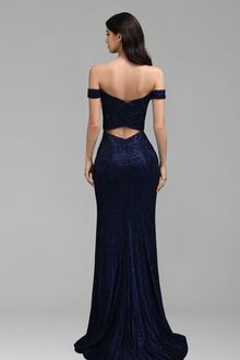 Off-Shoulder Beaded Slit Evening Gown - LAROSABRIDE
