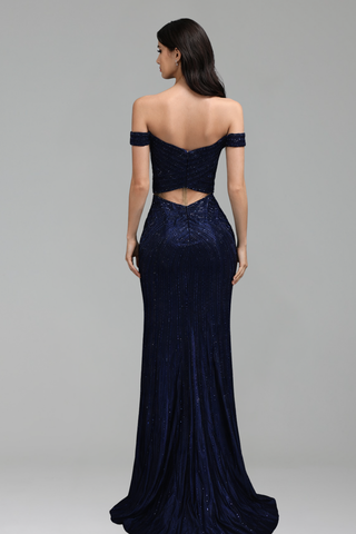Off-Shoulder Beaded Slit Evening Gown