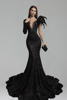 Feathered Embellished Long Sleeve Gown - LAROSABRIDE