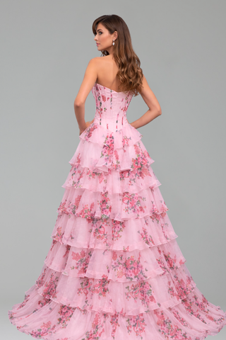 Floral Print Corset Ruffle Prom Dress - LAROSABRIDE