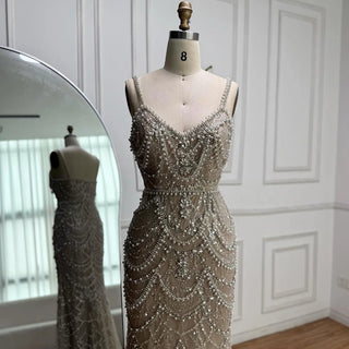 2025 Custom Nude Beaded Mermaid Evening Dress – Pearl Embellished Gown with Spaghetti Straps