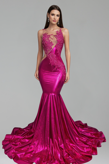 Sculpted Satin Illusion Mermaid Gown - LAROSABRIDE