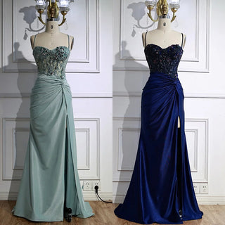 Ships in 2 to 5 Days - Luxury Light Green Satin Prom Dress – Lace Sequin Spaghetti Strap Evening Gown with Slit