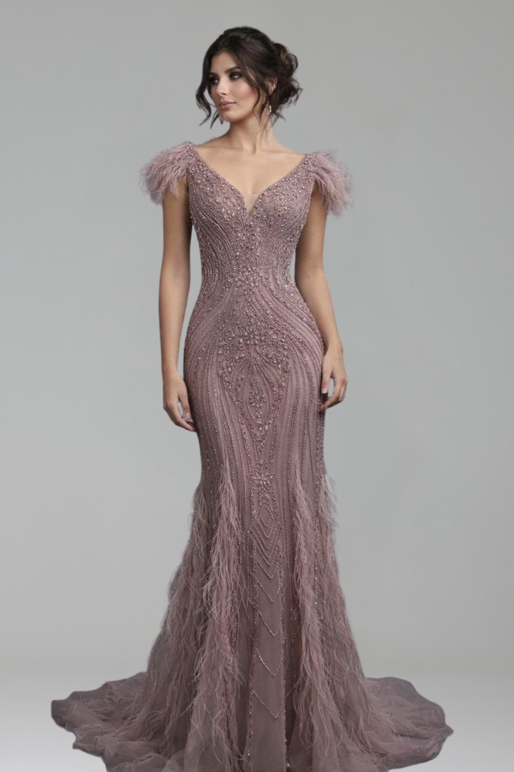 Beaded Feather Mermaid Evening Gown - LAROSABRIDE