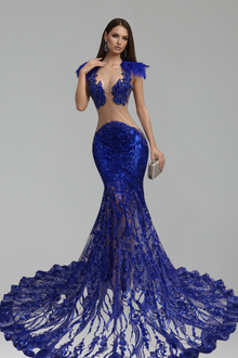 Feathered Illusion Lace Mermaid Gown - LAROSABRIDE
