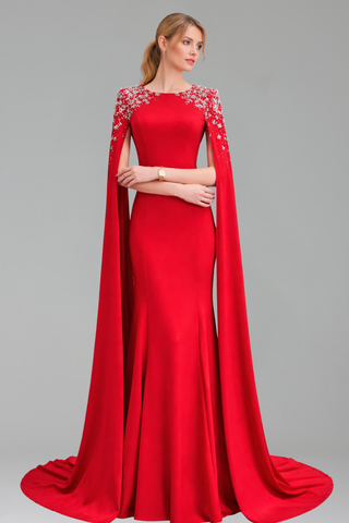 Satin Mermaid Cape Sleeve Dress - LAROSABRIDE