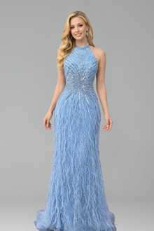 Feather Beaded Halter Mermaid Dress - LAROSABRIDE