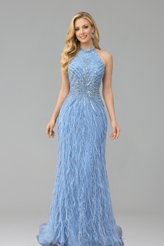 Feather Beaded Halter Mermaid Dress - LAROSABRIDE