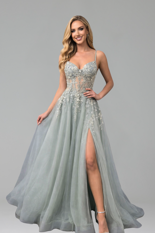 Appliqu� Beaded A-Line Split Gown - LAROSABRIDE