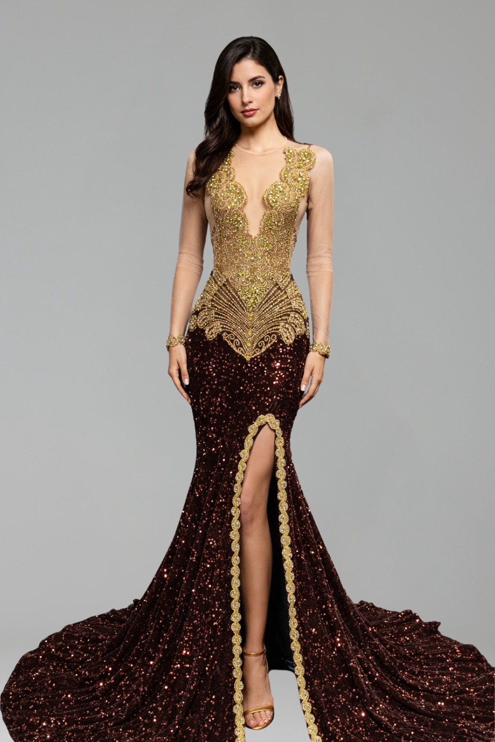 Long Sleeve Embellished Sequin Gown - LAROSABRIDE