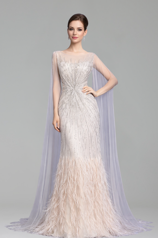Feather Cape Sleeve Evening Dress