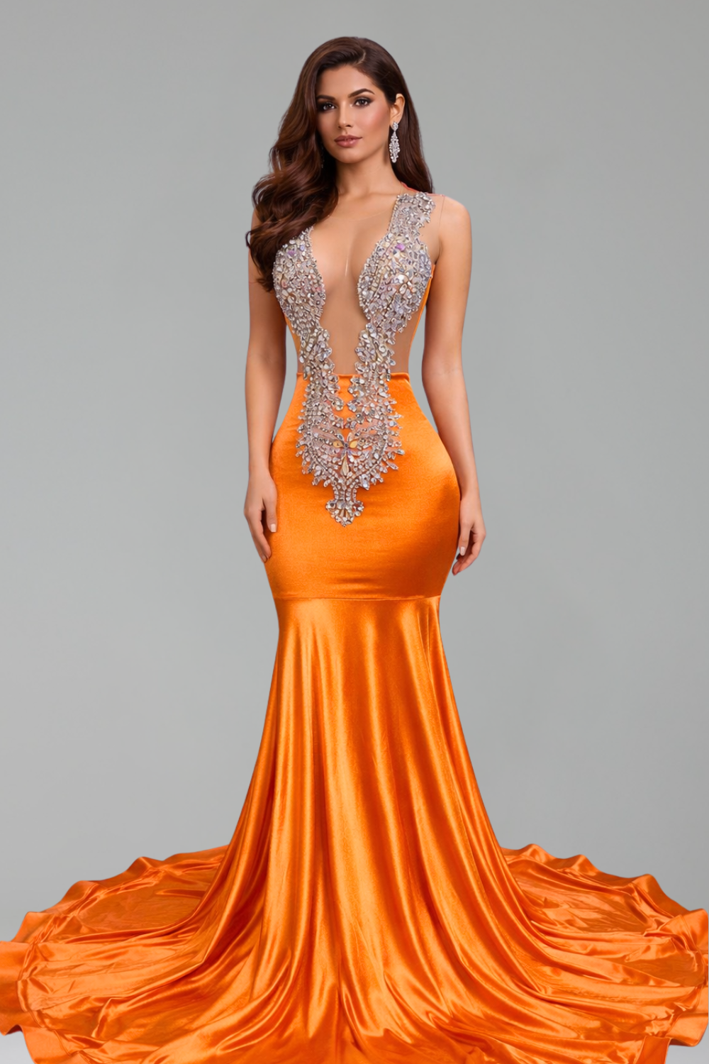 Illusion Plunge Satin Mermaid Gown - LAROSABRIDE