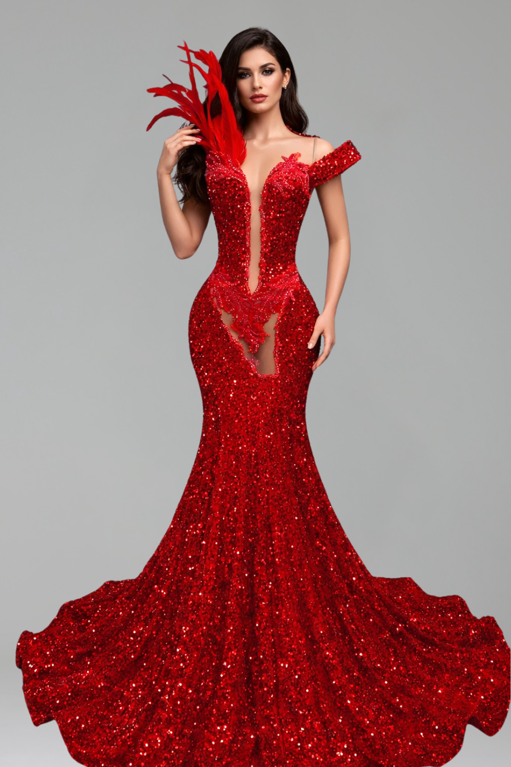 Sequin Feather Cutout Mermaid Dress - LAROSABRIDE