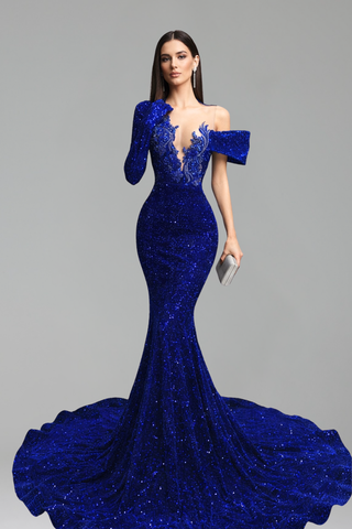 One Shoulder Illusion Sequin Mermaid Gown - LAROSABRIDE