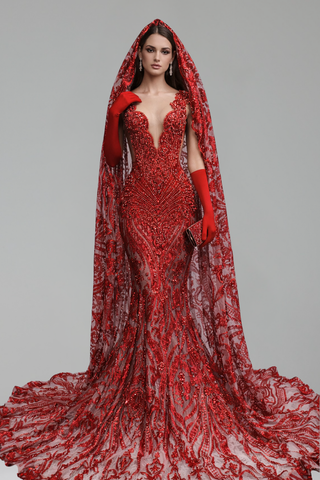 Hooded Lace Appliqu� Mermaid Gown - LAROSABRIDE