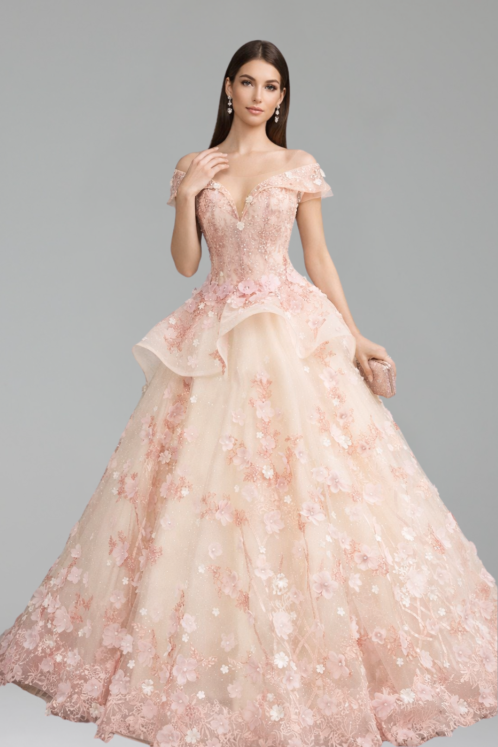 Off Shoulder Floral Embellished Ball Gown - LAROSABRIDE
