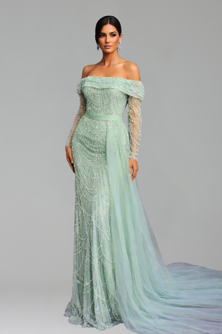 Boat Neck Mermaid Overskirt Dress - LAROSABRIDE