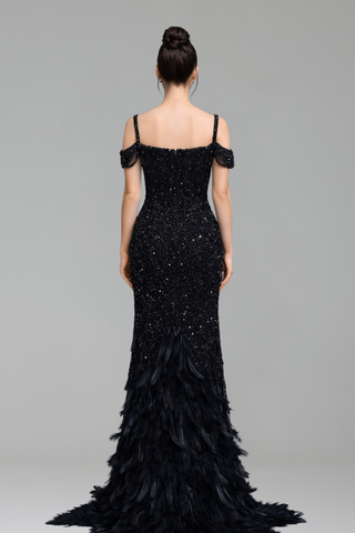 Feather Beaded Split Mermaid Gown