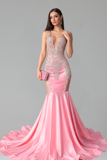 Embellished Deep V Mermaid Gown - LAROSABRIDE