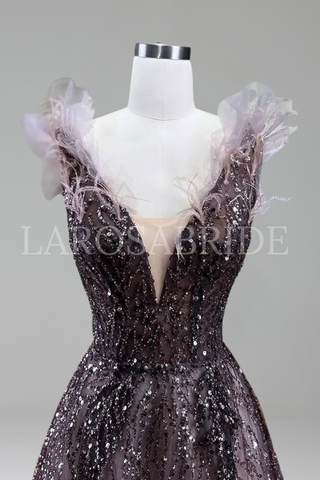 Feather Beaded Formal Gown