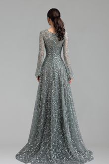 Turquoise Beaded A Line Evening Dress - LAROSABRIDE