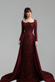Wine Red Beaded Mermaid Gown with Overskirt - LAROSABRIDE