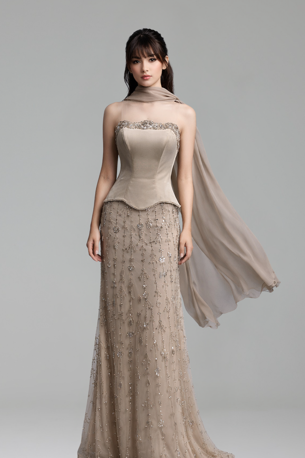 Satin Beaded Gown with Bodice - LAROSABRIDE