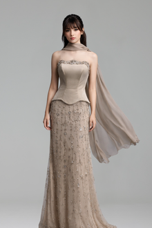Satin Beaded Gown with Bodice - LAROSABRIDE