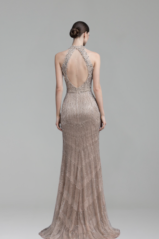 Halter Rhinestone Tassel Mermaid Gown - LAROSABRIDE