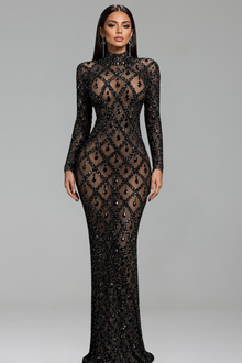 Embellished Illusion Bodycon Maxi Dress - LAROSABRIDE