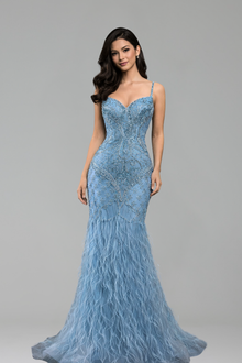 Feather Beaded Strap Gown - LAROSABRIDE