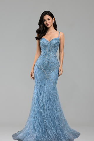 Feather Beaded Strap Gown - LAROSABRIDE